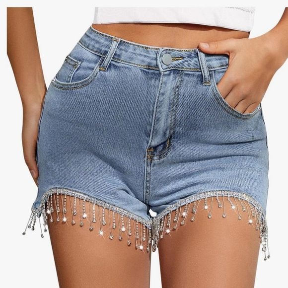 NWOT Rhinestone fringe denim shorts - Picture 12 of 14